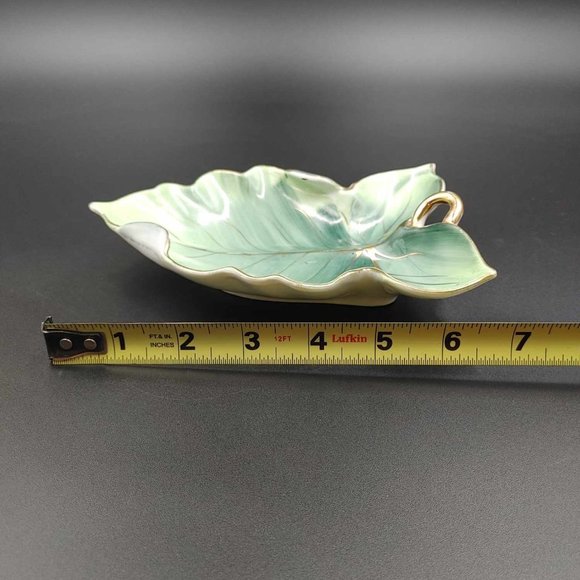 Vintage Norcrest Leaf Trinket Dish Candy Handpainted Green Leaf Gold Trim - Picture 11 of 11